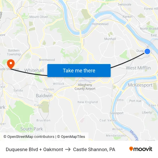 Duquesne Blvd + Oakmont to Castle Shannon,  PA map