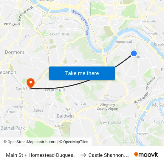 Main St + Homestead-Duquesne to Castle Shannon,  PA map