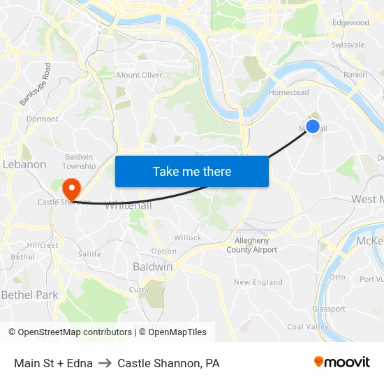Main St + Edna to Castle Shannon,  PA map