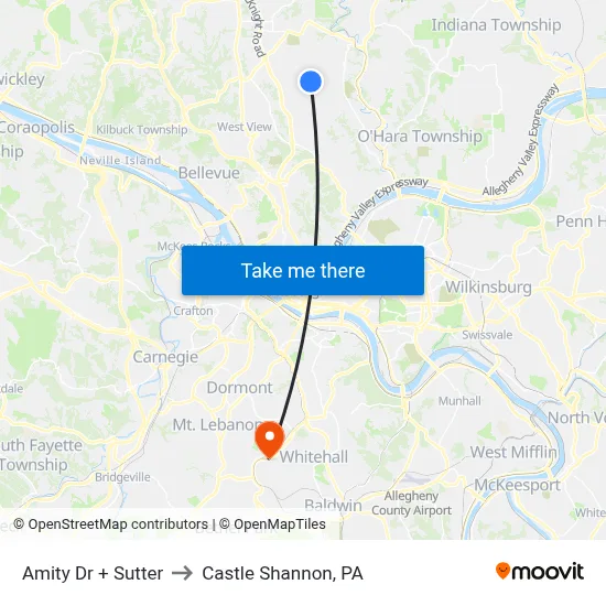 Amity Dr + Sutter to Castle Shannon,  PA map