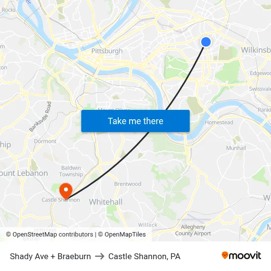 Shady Ave + Braeburn to Castle Shannon,  PA map