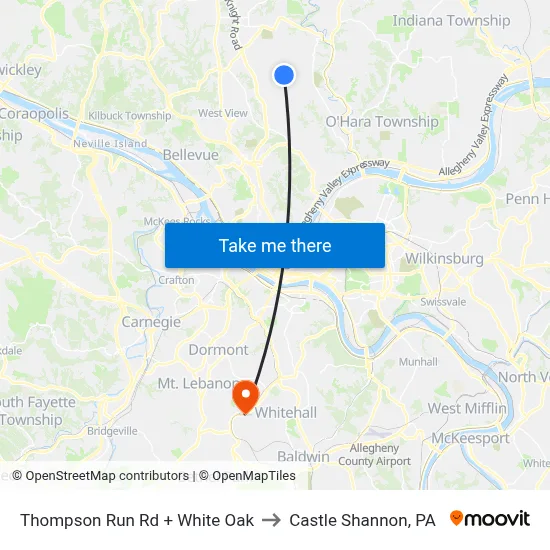 Thompson Run Rd + White Oak to Castle Shannon,  PA map