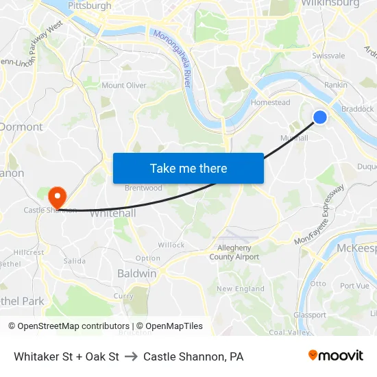 Whitaker St + Oak St to Castle Shannon,  PA map