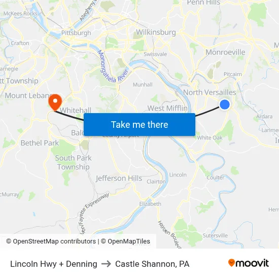 Lincoln Hwy + Denning to Castle Shannon,  PA map