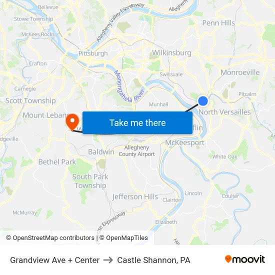Grandview Ave + Center to Castle Shannon,  PA map