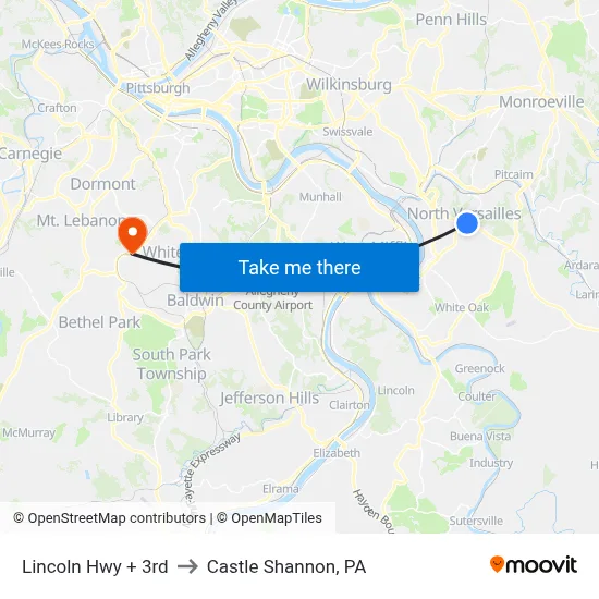 Lincoln Hwy + 3rd to Castle Shannon,  PA map