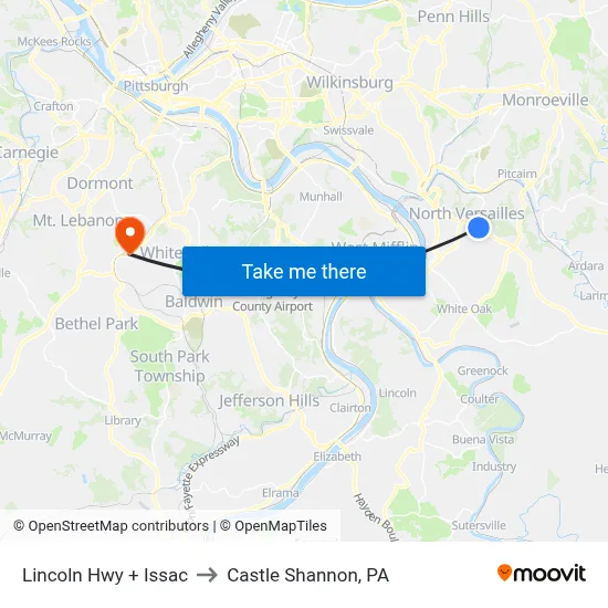 Lincoln Hwy + Issac to Castle Shannon,  PA map