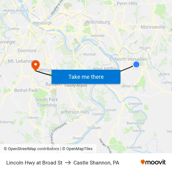 Lincoln Hwy at Broad St to Castle Shannon,  PA map