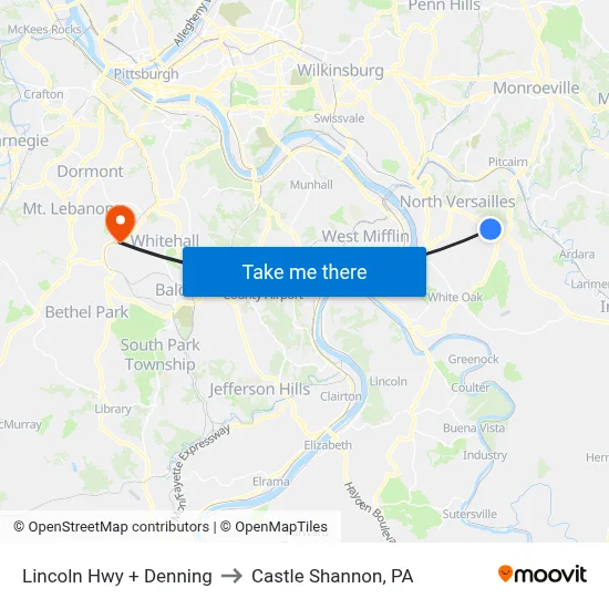 Lincoln Hwy + Denning to Castle Shannon,  PA map