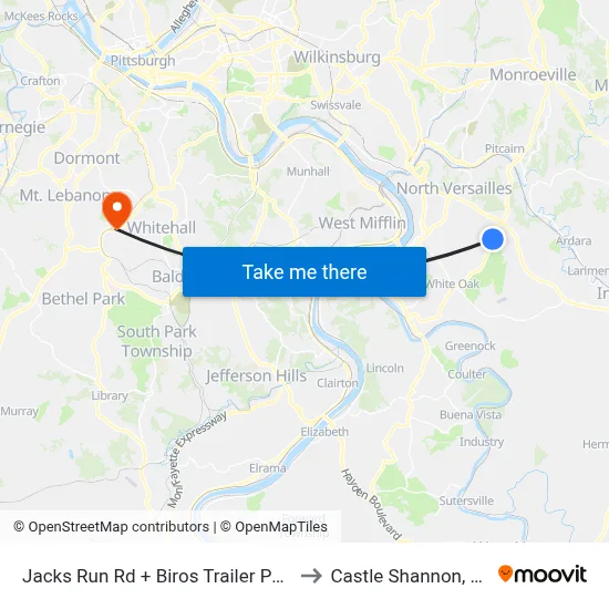 Jacks Run Rd + Biros Trailer Park to Castle Shannon,  PA map