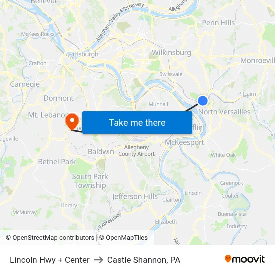 Lincoln Hwy + Center to Castle Shannon,  PA map