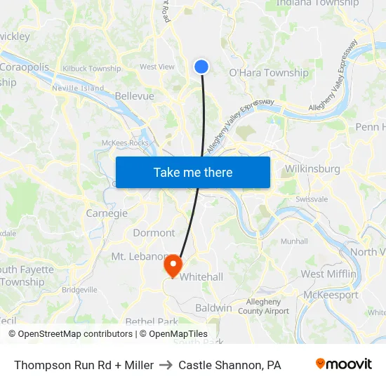 Thompson Run Rd + Miller to Castle Shannon,  PA map
