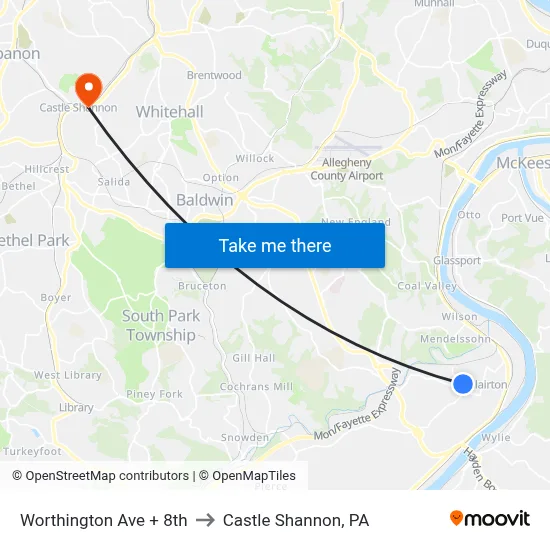 Worthington Ave + 8th to Castle Shannon,  PA map