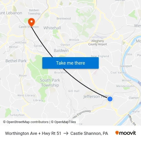 Worthington Ave + Hwy Rt 51 to Castle Shannon,  PA map