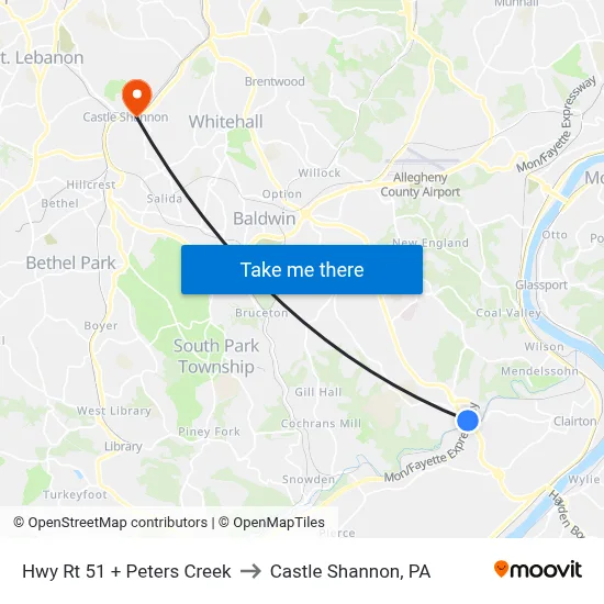 Hwy Rt 51 + Peters Creek to Castle Shannon,  PA map