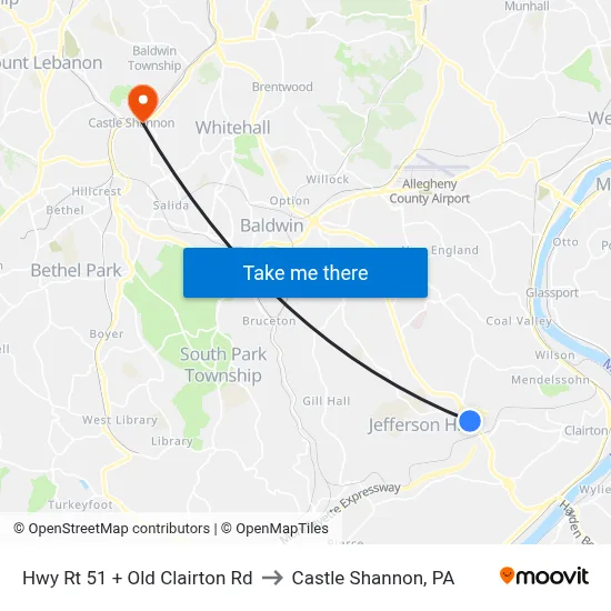 Hwy Rt 51 + Old Clairton Rd to Castle Shannon,  PA map