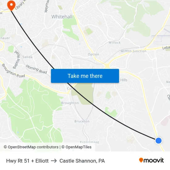 Hwy Rt 51 + Elliott to Castle Shannon,  PA map