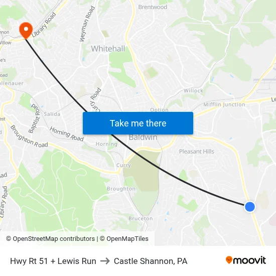 Hwy Rt 51 + Lewis Run to Castle Shannon,  PA map