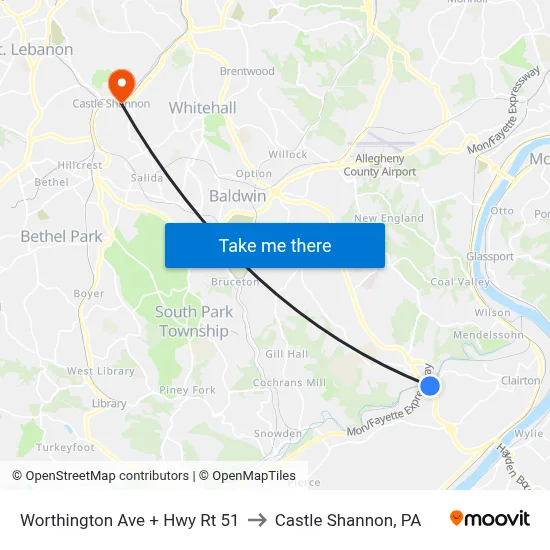 Worthington Ave + Hwy Rt 51 to Castle Shannon,  PA map