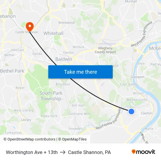 Worthington Ave + 13th to Castle Shannon,  PA map
