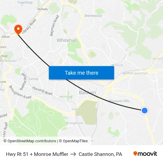 Hwy Rt 51 + Monroe Muffler to Castle Shannon,  PA map