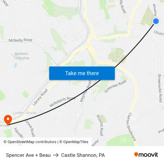 Spencer Ave + Beau to Castle Shannon,  PA map