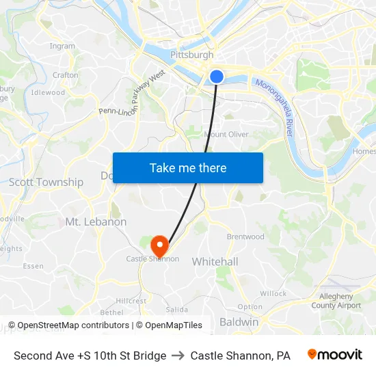 Second Ave +S 10th St Bridge to Castle Shannon,  PA map