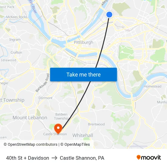 40th St + Davidson to Castle Shannon,  PA map