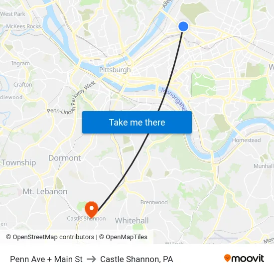 Penn Ave + Main St to Castle Shannon,  PA map