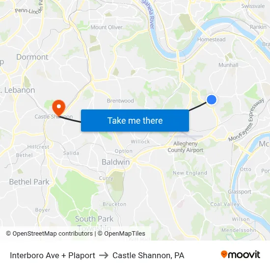 Interboro Ave + Plaport to Castle Shannon,  PA map