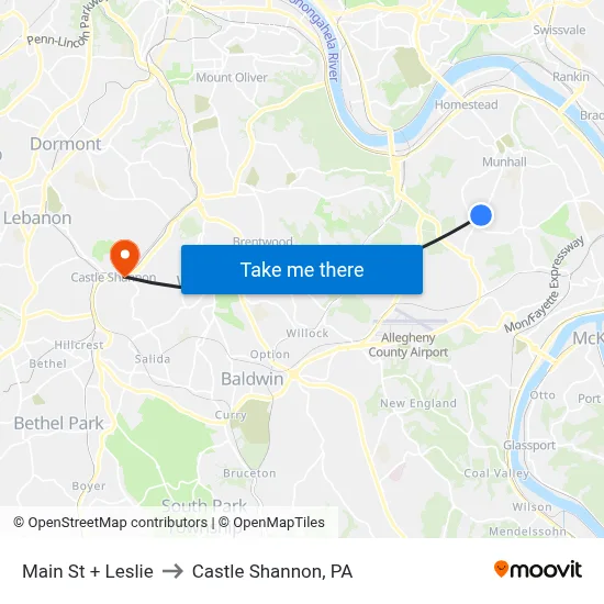 Main St + Leslie to Castle Shannon,  PA map