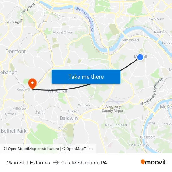 Main St + E James to Castle Shannon,  PA map