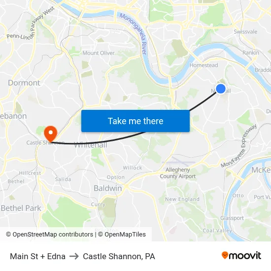 Main St + Edna to Castle Shannon,  PA map