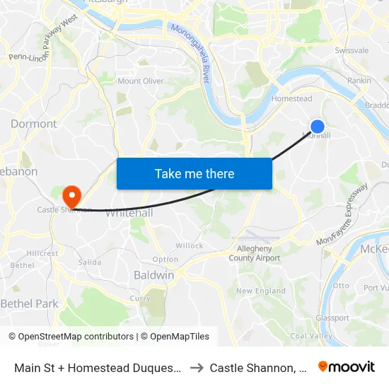 Main St + Homestead Duquesne to Castle Shannon,  PA map