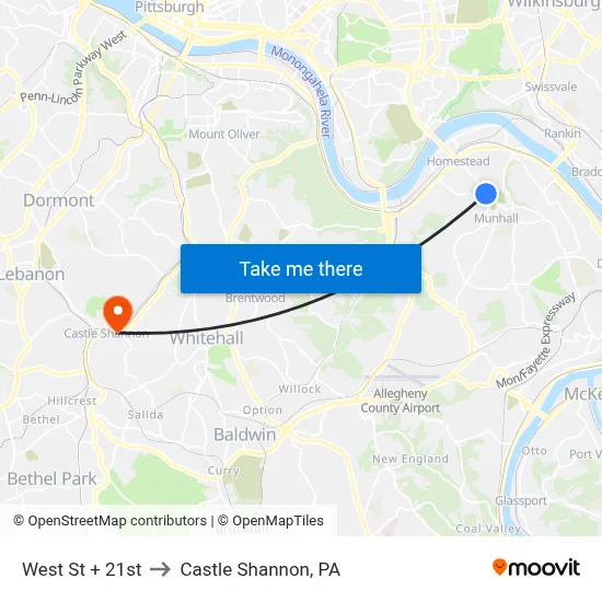 West St + 21st to Castle Shannon,  PA map