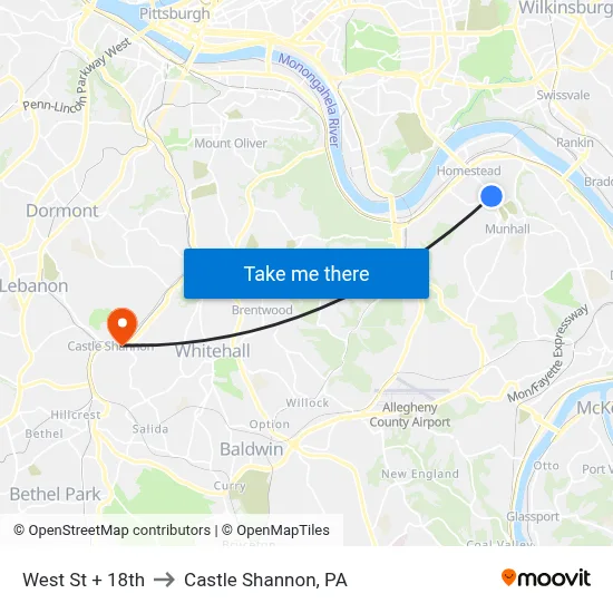 West St + 18th to Castle Shannon,  PA map