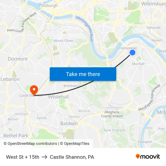West St + 15th to Castle Shannon,  PA map