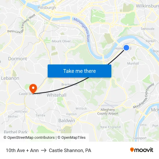 10th Ave + Ann to Castle Shannon,  PA map
