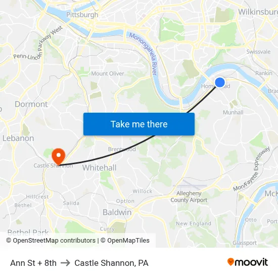Ann St + 8th to Castle Shannon,  PA map