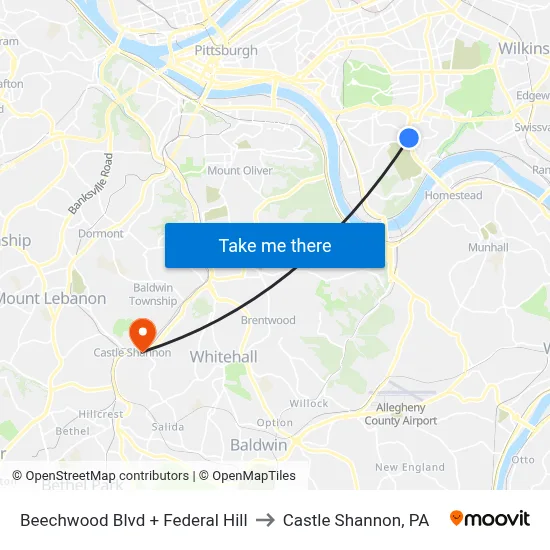 Beechwood Blvd + Federal Hill to Castle Shannon,  PA map