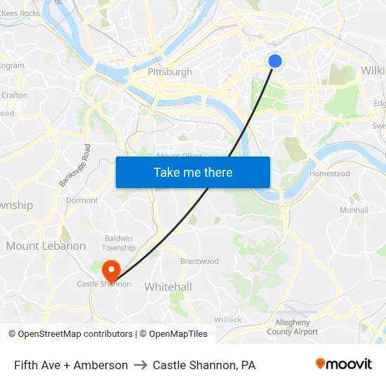 Fifth Ave + Amberson to Castle Shannon,  PA map