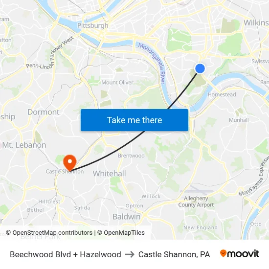 Beechwood Blvd + Hazelwood to Castle Shannon,  PA map