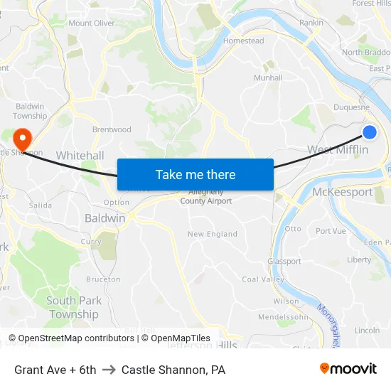 Grant Ave + 6th to Castle Shannon,  PA map