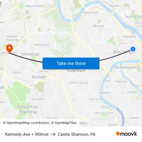 Kennedy Ave + Wilmot to Castle Shannon,  PA map