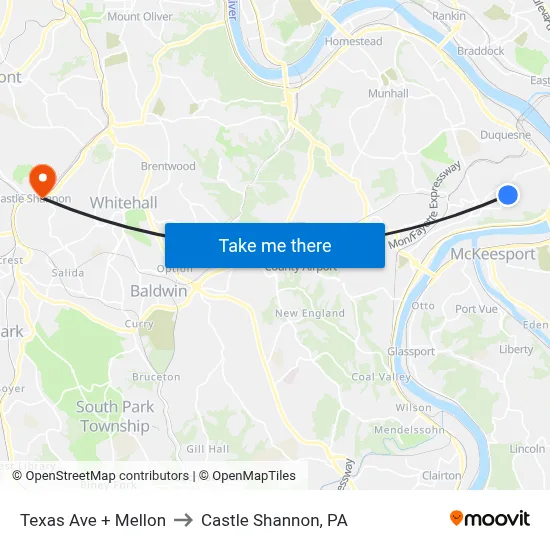 Texas Ave + Mellon to Castle Shannon,  PA map