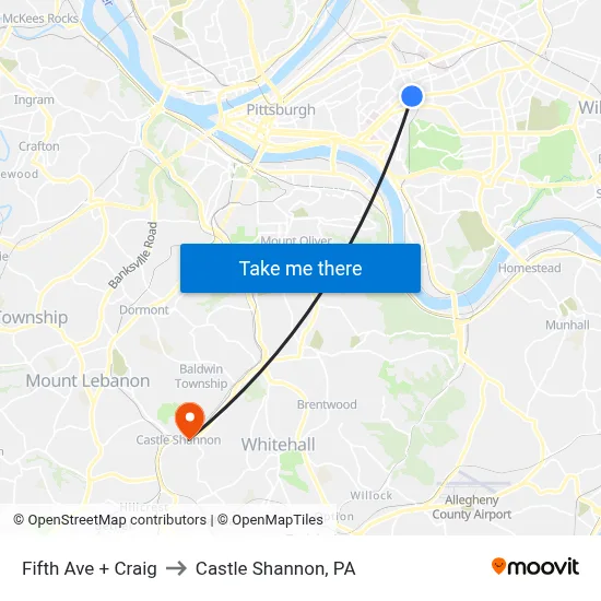 Fifth Ave + Craig to Castle Shannon,  PA map