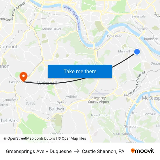 Greensprings Ave + Duquesne to Castle Shannon,  PA map