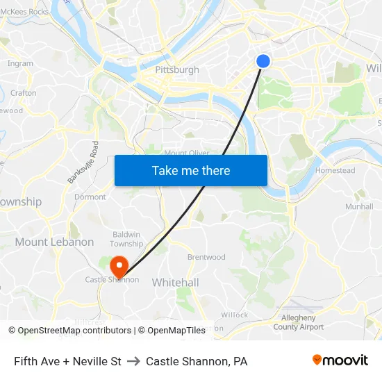 Fifth Ave + Neville St to Castle Shannon,  PA map