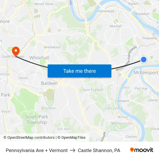 Pennsylvania Ave + Vermont to Castle Shannon,  PA map
