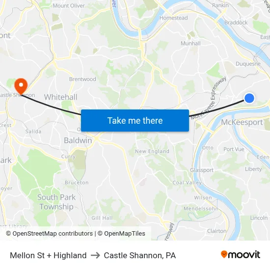 Mellon St + Highland to Castle Shannon,  PA map